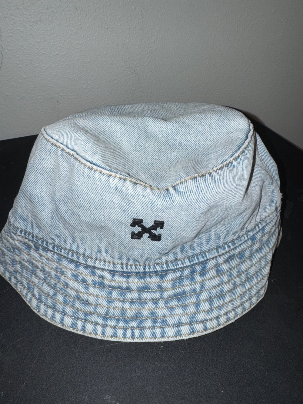 Off-White Light Wash Denim Bucket Hat with Black Logo